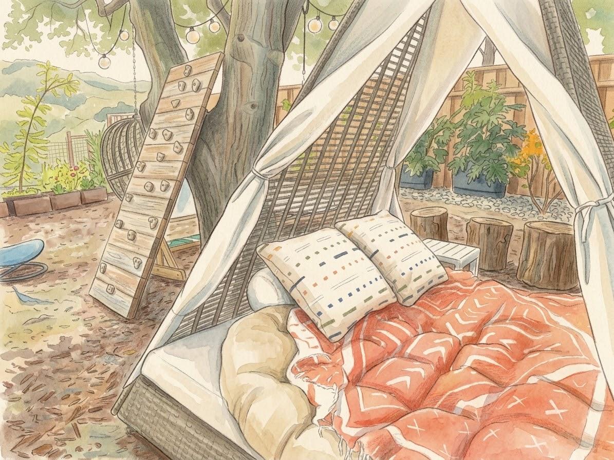 A climbing wall mounted against an oak tree, tree-stump seating, and a canopied daybed in the shade