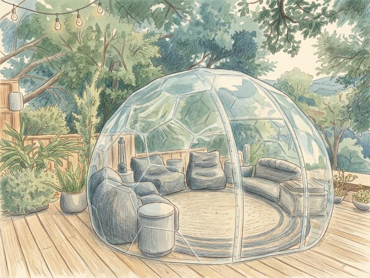 The inside of a clear-sided garden dome, furnished with a rug and cushions