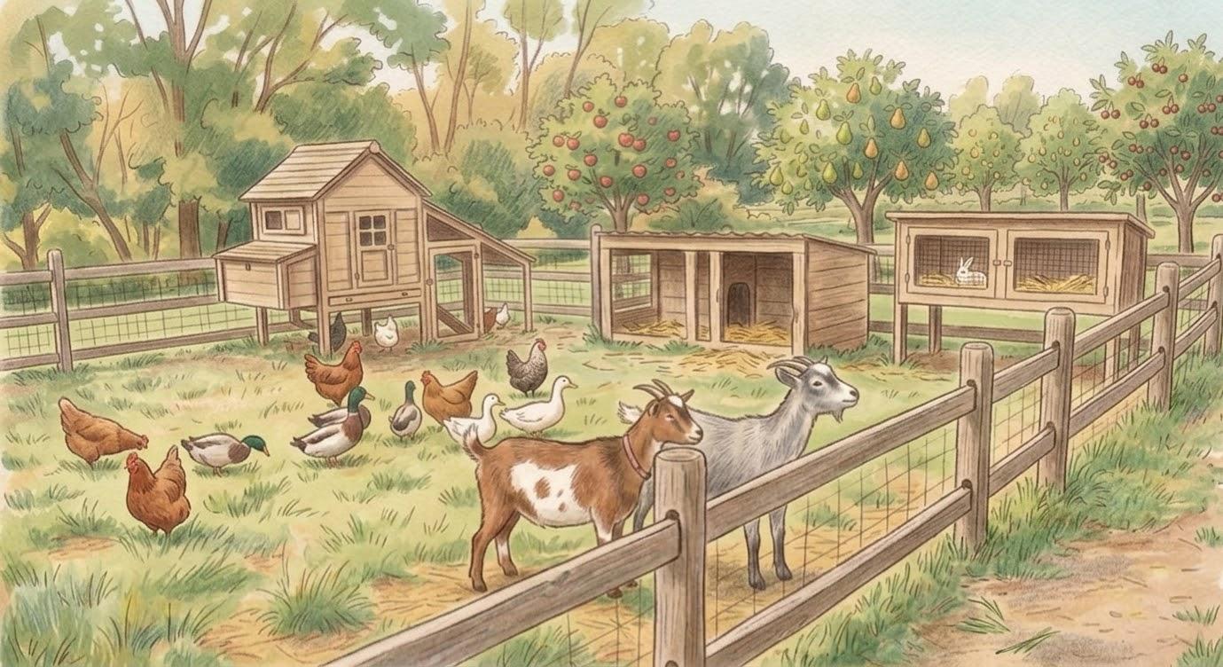 Chickens, ducks, and goats in a fenced pasture, with a coop and rabbit hutch nearby