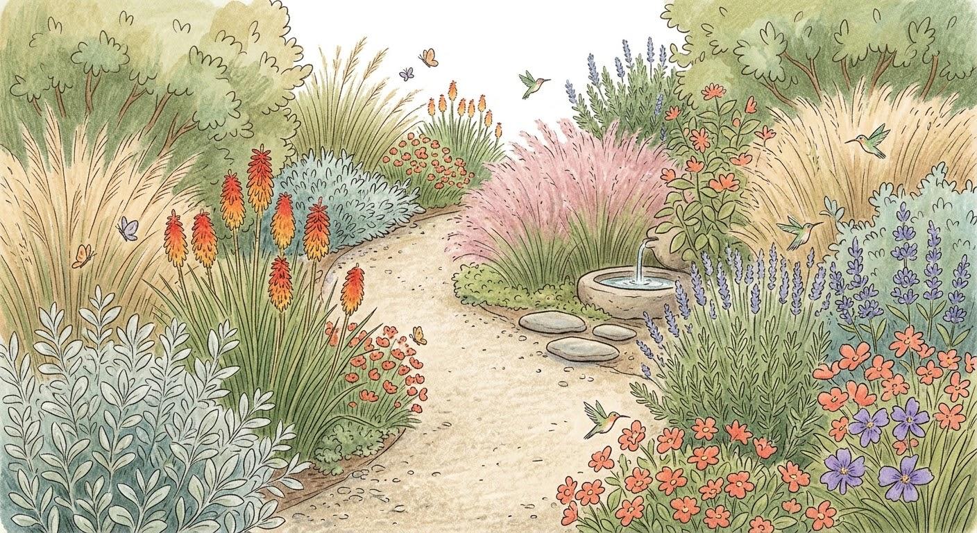 A winding garden path lined with dense flowering plants and ornamental grasses, with a small trickling fountain and hummingbirds among the blooms
