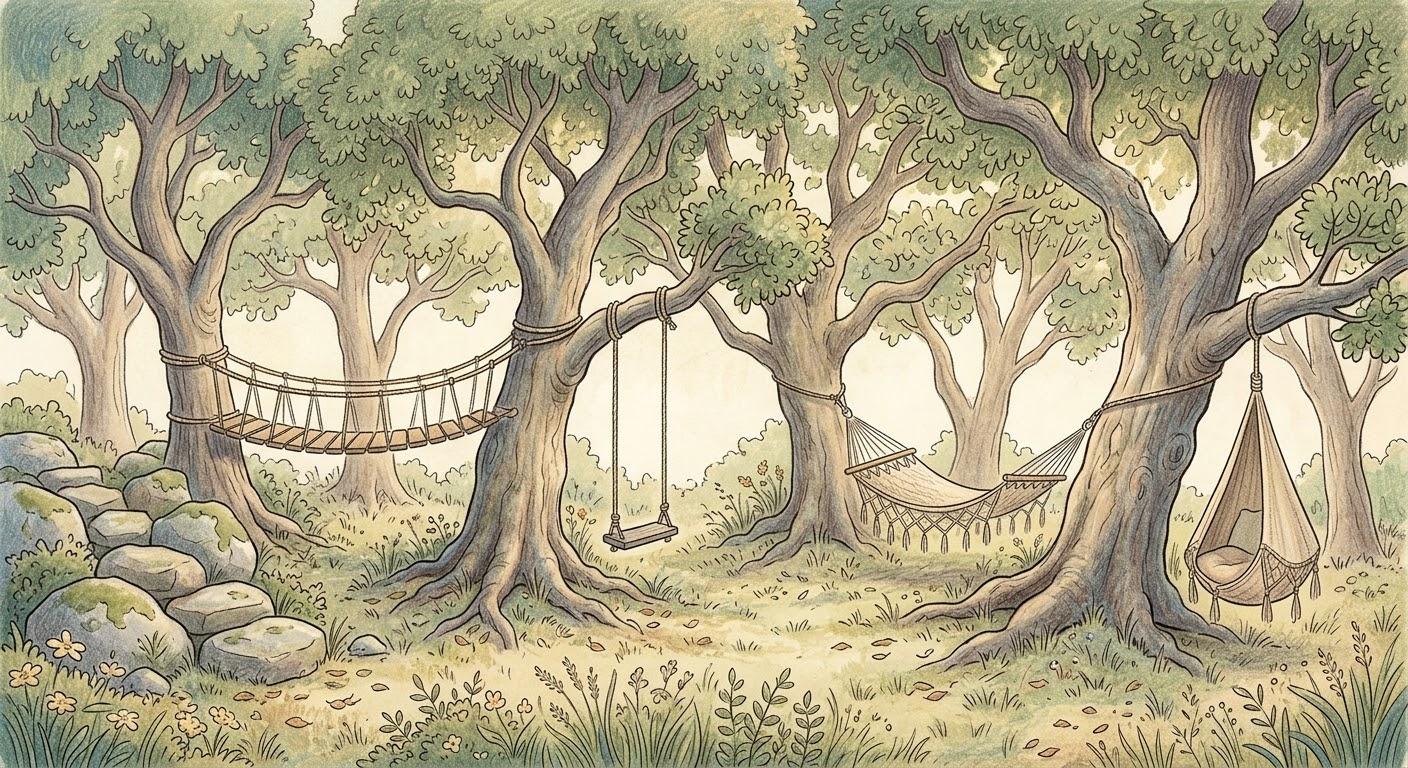 A rope bridge and boulder scramble built between old oak trees, with a tree swing, a hammock, and a cocoon swing hanging from sturdy branches