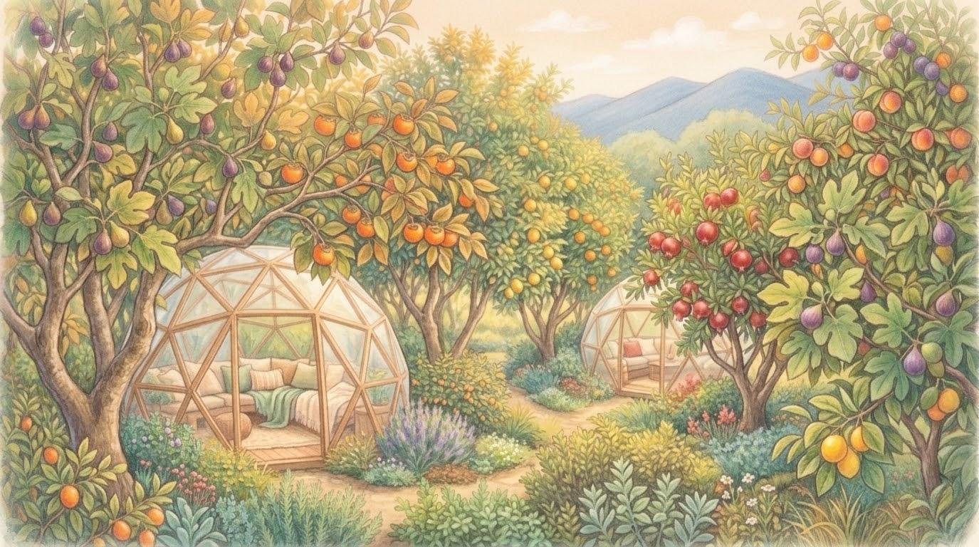 Dense, overlapping clusters of fruit trees heavy with ripening fruit, with two small dome shelters tucked among the trunks
