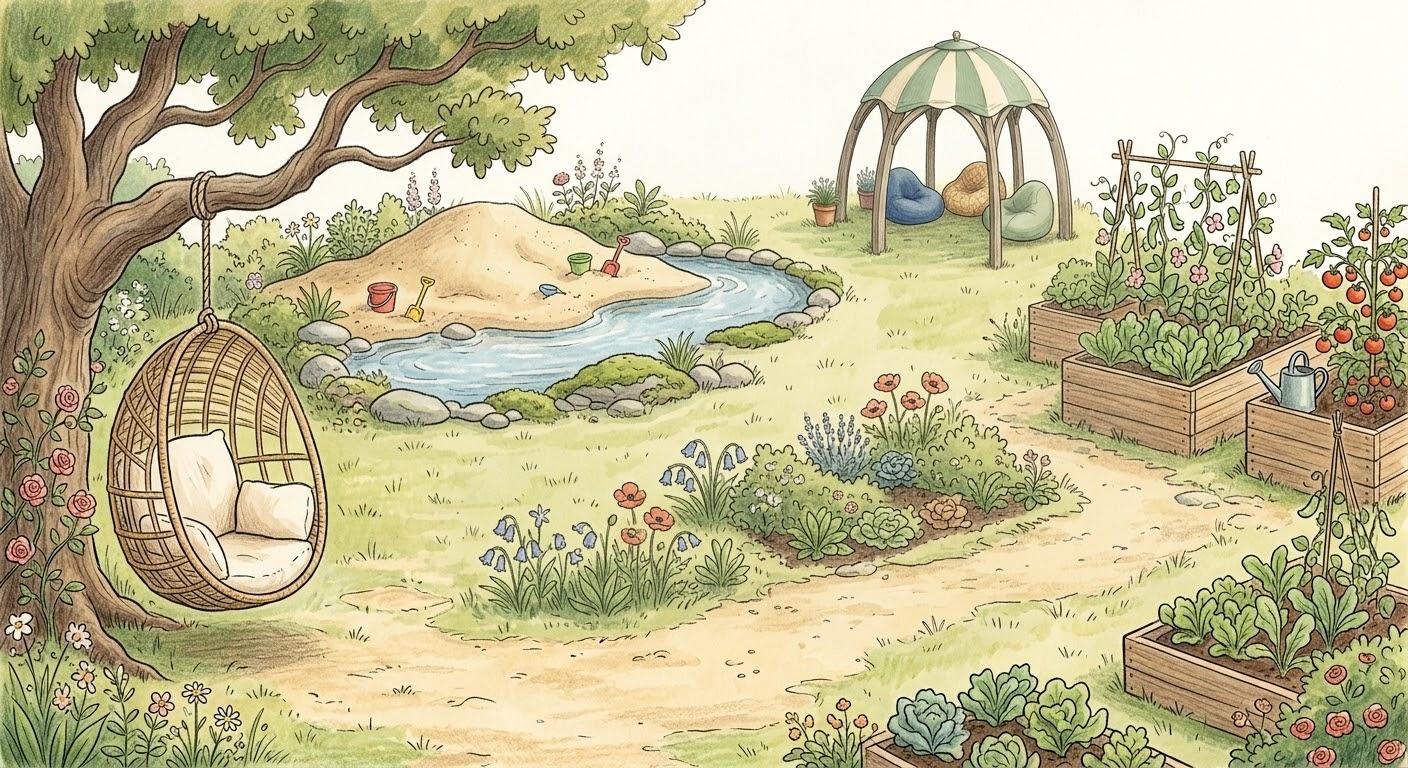 An open-sided dome furnished with bean bags beside a sand and water play area, with a hanging egg chair on a nearby tree and raised garden beds close by